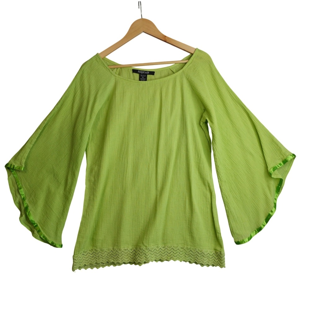 Womens Lime Green Crochet Trim Top XL Bell Sleeve Cotton Gauzy Boho Vacation